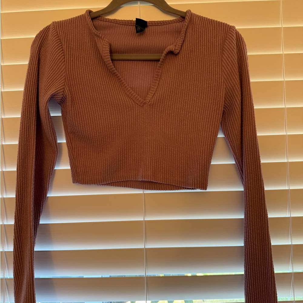 Wild Fable Pink Ribbed Long Sleeve Crop Top